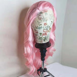 Qfdian Light Pastel Pink Lace Front Synthetic Frontal Wigs for Women Long Wavy Loose Wave Curly Hair Wig Daily Party Cosplay