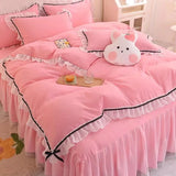 Qfdian Checkered Bedding Set Bed Skirt Ruffle Lace Princess Style Girls Duvet Cover Simple Solid Color Home Textiles Decor Bedroom