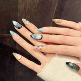 Qfdian  10pcs Handmade Blue Cat Eye Press on Nails Ins Star Sequins Design Shiny False Nails Ins Sweet Fashion Almond Fake Nail Tips