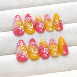 Qfdian  24pcs Gold Pink Flower Press On Nails Glossy Almond Autumn Wearable Fake Nails With Pearl Gold Ball Decor Ballet False Nail Tips