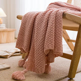 Qfdian  Nordic Blankets for Bed Sofa Couch Chunky Knit Bedspread Knitted Throw Blanket with Tassel Plain Color Waffle Embossed Blanket