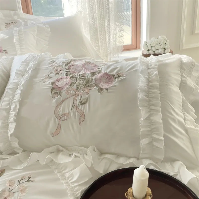 Premium Long Staple Cotton French Chic White Patchwork Embroidery Bedding Set Double Duvet Cover Flat/Fitted Sheet Pillowcases