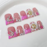 Qfdian  10pcs Ocean Style Fake Nails Duck Bill Press on Nails Set Handmade 3D Flowers Pearl Nail Art Gradient Blush French False Nails