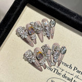 Qfdian Handmade Press on Nails Shiny Pink Cat Eye Fake Nails for Women Girl Wearable Glitter Full Crystal Design False Nail Tips