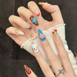 Qfdian  10pcs Handmade French Almond Press on Nails 3D Cherry Flowers Design False Nails Wearable Sweet Cool Fashion Fake Nail Tips