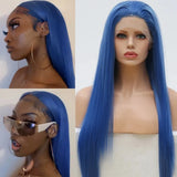 Qfdian Blue Wig Long Straight Synthetic Lace Front Wig Glueless Wigs Ready to Wear Dark Blue Wigs for Women Party Cosplay Frontal Hair