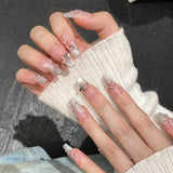Qfdian 10Pcs Aurora Handmade False Nails with Jelly Glue Long Almond Fake Nail Art Shell Design Press on Nails Full Cover Manicure Tips
