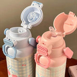 Qfdian  700ML Cute Bow Thermo Water Bottle For Girls Portable Handle 316 Double Drinking Outdoor Sports Straw Vacuum Thermal Bottle Gift