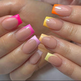 Qfdian 24Pcs Spring Colorful French Fake Nail with Designs Short Square Head Press on False Nails Wearable Simple Jelly Sticks on Nails