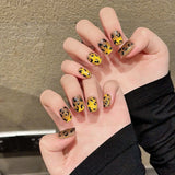 Qfdian Handmade Press on Nails Shiny Cat Eye French Fake Nails with Leopard print Wearable Detachable Glitter Long Almond False Nails