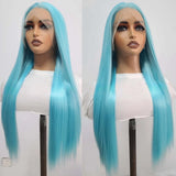 Qfdian Blue Wig Long Straight Synthetic Lace Front Wig Glueless Ready to Wear Cosplay Party Light Blue Hair Lace Frontal Wigs for Women