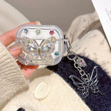 Qfdian  Luxury Colorful Diamond Butterfly Bluetooth Headset Case For AirPods Pro 2nd Air Pods 4 3 2 1 Clear Earhone Case with Pendant