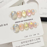 Qfdian  10pcs Colorful Star Wave Points Cat's Eye Press on Nails Cute Cat Manicure Wearable Nail for Women and Girls False Nail