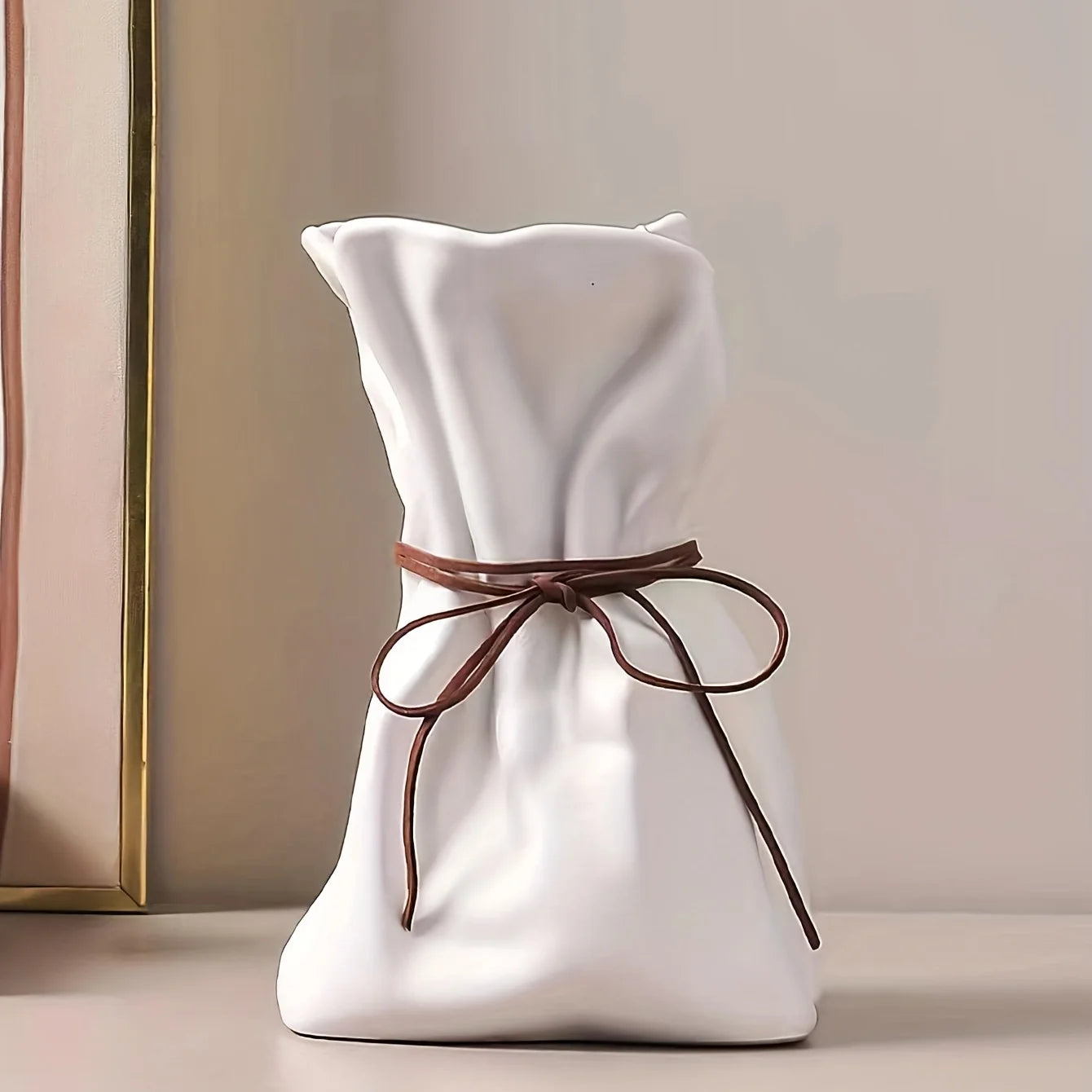 Paper Bag Vase, White Ceramic Flower Vase Unique Grab Crinkle Design, Boho Decorative Vases for Modern Home Decor Wedding