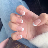 Qfdian 24Pcs Nude White French Fake Nail Short Square Nail Tips Fashion Wearable False Nails with Glue Simple Full Cover Press on Nails