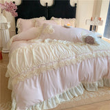 Qfdian 3/4Pcs Pink Korean Princess Style Lace Ruffles Bedding Set Single Queen Duvet Cover Bed Skirt/Bed Sheet/Fitted Sheet Pillowcases