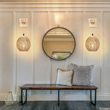 Qfdian  Vintage Style Bamboo Woven Bedside  Dining Room Rattan  Wooden Bedroom Farmhouse Rural Indoor Background Wall Lamp