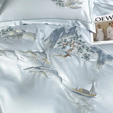 Qfdian 4Pcs New Chinese Style Landscape Embroidery Luxury Bedding Set Silky Duvet Cover Set Soft Quilt Cover Set Bed Sheet Pillowcases