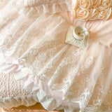 Qfdian 4/6Pcs Pink Princess Wedding Lace Embroidery Korean Style Bedding Set King Queen Size Duvet Cover Bed Skirt Bedspread Pillowcase