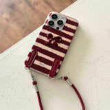 Qfdian Red stripes autume winter 3d bowknot  cover for iphone 15pro 16promax 16 13pro 12 14 13 15 pro max 14promax rope phone case