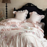 Qfdian Rose Flowers Embroidery Lace Ruffles Luxury Bedding Set 1000TC Egyptian Cotton Duvet Cover Set Flat/Fitted Bed Sheet Pillowcases