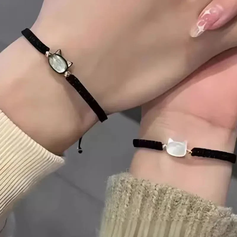 New Cute Black and White Cat Bracelet for Lover Couple Adjustable Black Rope Braided Animal Bracelets for Women Men Jewelry Gift