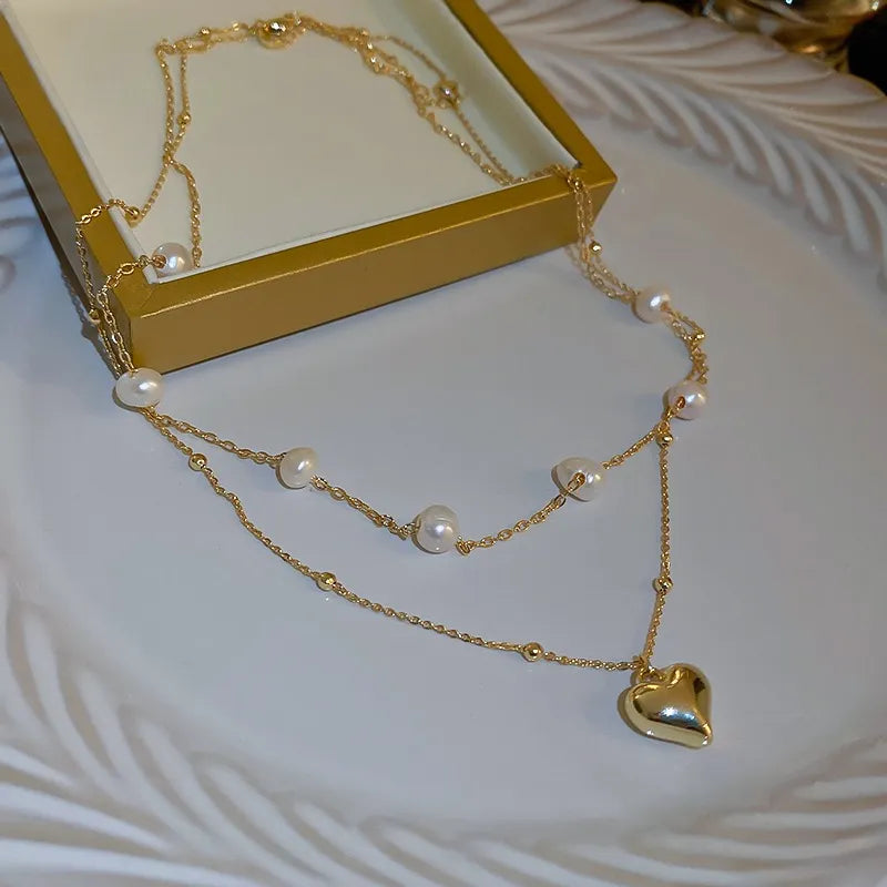 Fashion Unique Design Elegant and Exquisite Double-layer Pearl Love Pendant Necklace Women Jewelry Wedding Party Premium Gift