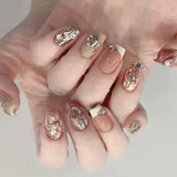 Qfdian  10Pcs French Pearls Press on Nails Short Square Fake Nails Pink Heart Star False Nails Cat Eye Glitter Diamond Acrylic Nail Art