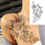 Qfdian  Realistic Fake Peony Temporary Tattoos For Women Girl Black Rose Elephant Flower Tattoo Sticker Tiger Anemone Tatoos Half Sleeve