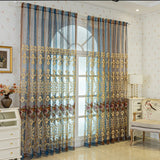 Qfdian  1Pc,European Style Blue Gradient Embroidery Bedroom Sheer Curtains, Exquisite Luxury Flower Gauze Curtains For Living Room Decor