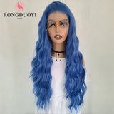 Qfdian Dark Blue Wig Deep Wave Synthetic Hair Long Curly Lace Front Wig Natural Wavy Colored 13X4 Lace Frontal Wigs for Women Party