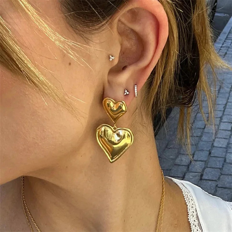 Luxury Trendy Double Heart Shaped Earrings Gold Plated Smooth Metal Love Drop Earrings For Women Jewelry Party Gift