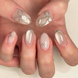 Qfdian 24pcs Simple Almond False Nails Sets Blush Design Press on Nails Art Datachable Short Oval Fake Nail with Jelly Glue Manicure