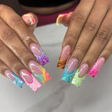 Qfdian  24Pcs Long Coffin False Nails Pink French Flowers Design Fake Nail with Butterfly Rhinestone Wearable Ballet Press on Nails