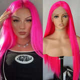 Qfdian Hot Pink Lace Front Wig Long Straight Hair Frontal Rose Red Synthetic Lace Wigs for Women Daily Glueless Natural Hairline