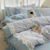 Qfdian  Fashion Lattice Bedding Set Bed Sheet Cute Princess AB Double Sided Ruffle Flower Quilt Cover Pillowcase Bedclothes Home Textile