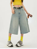 Qfdian  Korean Streetwear High Waisted Versatile Women's Straight Cropped Shorts Summer New American Retro Loose Women Wide Leg Jeans