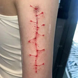 Qfdian  Temporary Tattoos Halloween Cosplay Red Fake Scar Sutured Wounds Arm Leg Body Tatoo Waterproof Fake Tattoo Sticker for Women Man