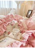 Qfdian 100% Cotton Korean Princess Style Rose Flower Print Ruffles Bedding Set Duvet Cover Bed Sheet/Fitted Sheet/Bed Skirt Pillowcases