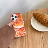 Qfdian Cute dachhund burger stand holder cover for iphone 13 14 16 15promax 16pro 14pro 15 pro max 13pro orange check cake phone case