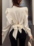Qfdian  Korean Versatile Hollowed Out Lapel Women Shirt Top Elegant Slim Fitting Office Women's Back Bow Fluffy Sleeve Casual Shirt