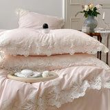 Qfdian 1000TC Egyptian Cotton Romantic Lace Edge Princess Wedding Pink 4/7Pcs Bedding Set Duvet Cover Flat/Fitted Bed Sheet Pillowcases