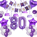 Qfdian  Purple White Foil Birthday Number Decorations Happy Birthday Banner Purple Happy Birthday Swirls Foil Heart Star Latex Balloons