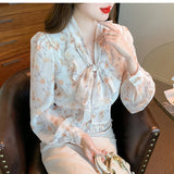 Qfdian  Floral Printed Blosue Women Office Ladies Bow Short Shirts Office Ladies Long Sleeve Elastic Waist Casual Chiffon Blouse Tops