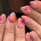 Qfdian  24pcs Finished False Nail Flower Design Short Almond Nails Set Press on Rhinestone Pink Fake Nail Datachable Golden Bow Manicure