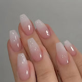 Qfdian 24Pcs Simple Fake Nail with Broken Diamond Short Square Press on False Nails Gradient White Wearable Ballet Full Cover Nail Tip