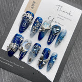 Qfdian 10Pcs High Quality Handmade Press on Nails Simple And Elegant  Royal Blue Depth Gentle And Graceful  Stick-on Nail Art Retro