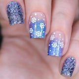 Qfdian  24pcs Merry Christmas Press On Nails Glitter Blue Short Square False Nail With Snowflake Designs French Fake Nail For Women