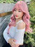 Qfdian 20Inch Peachy Pink Pretty Lolita Synthetic Wigs with Bang Medium Natural Wavy Hair for Women Daily Use Cosplay Heat Resistant