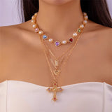 Qfdian  Y2K Choker Necklace Multilayer Chain with Love Heart Jesus Cross Pendant Rhinestone Pearl Y2K Jewelry for Women Birthday Gift